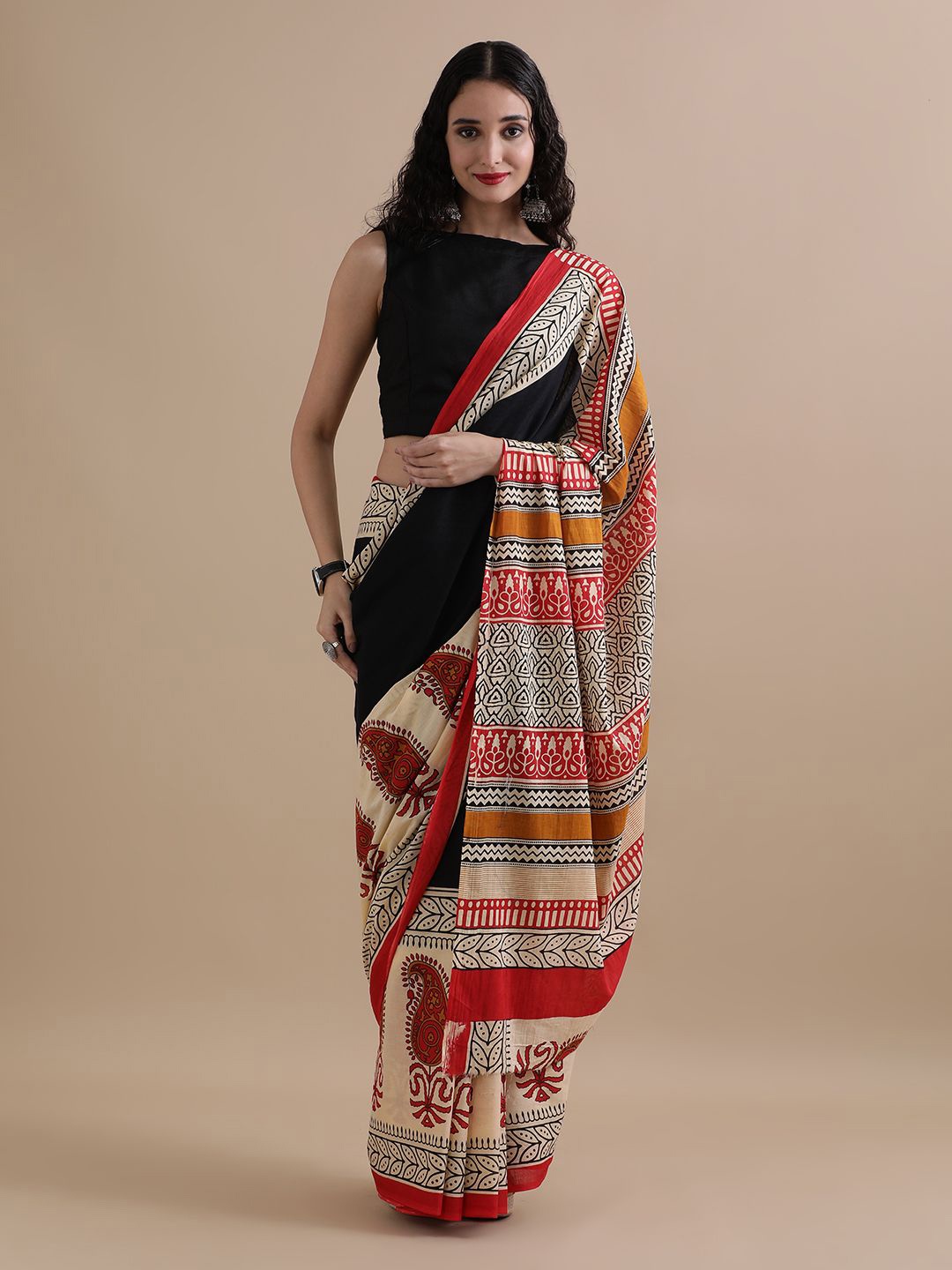 

Jaipur Kurti Ethnic motifs Printed Pure Cotton Saree, Black
