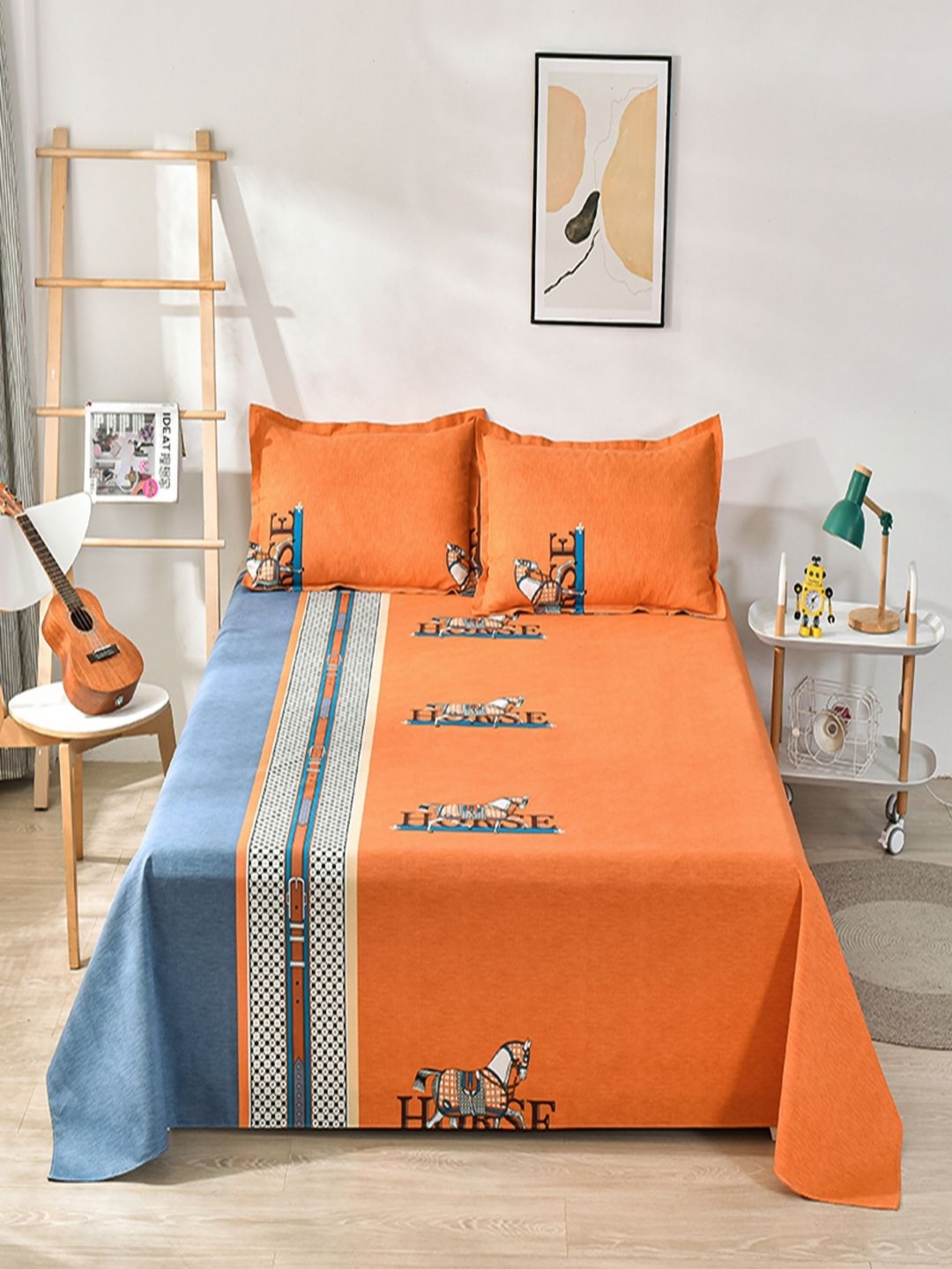 

JC HOME Orange & Blue Abstract Cotton 230 TC Double Queen Bedsheet Set-1.8 m x 2.3 m