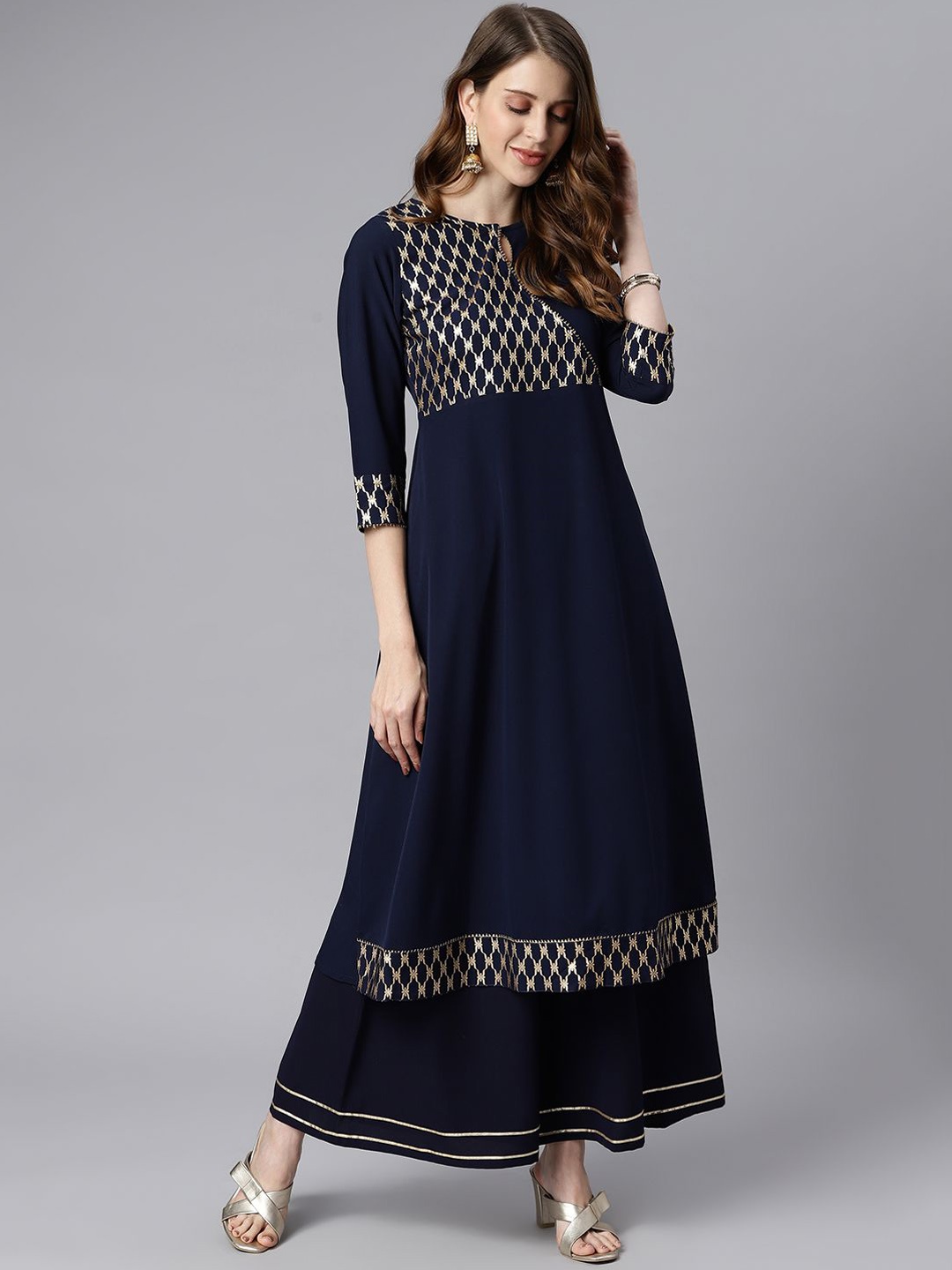 

KALINI Ethnic Motifs Printed Keyhole Neck Gotta Patti Crepe Anarkali Kurta, Navy blue