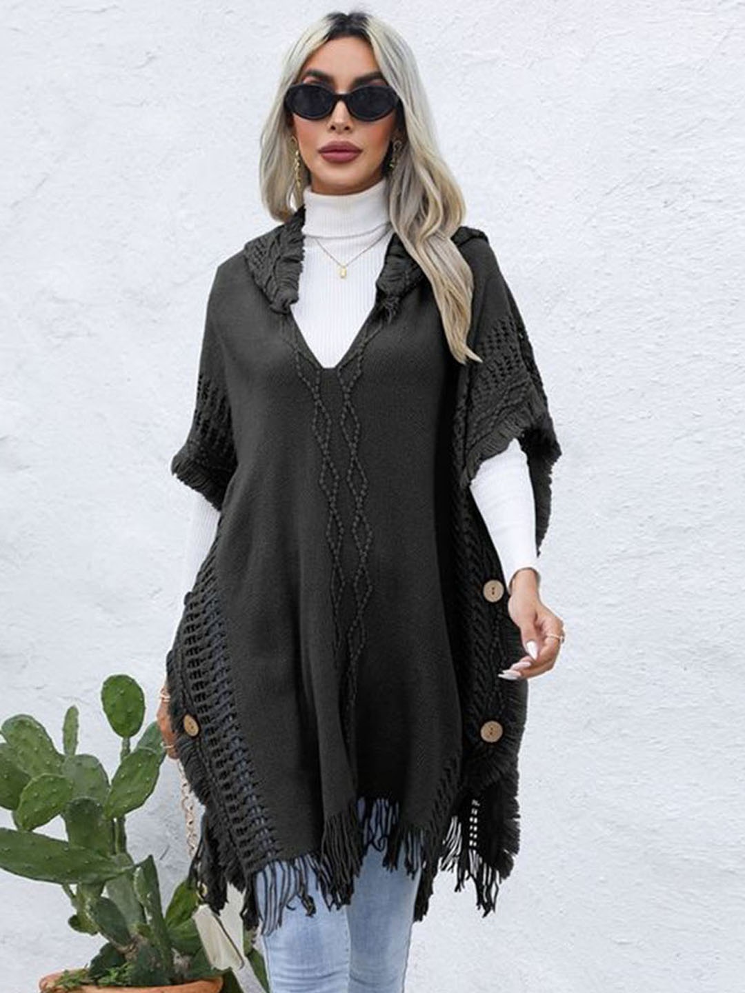 

LULU & SKY Self Design Three-Quarter Sleeves Three-Quarter Sleeves Longline Poncho, Black