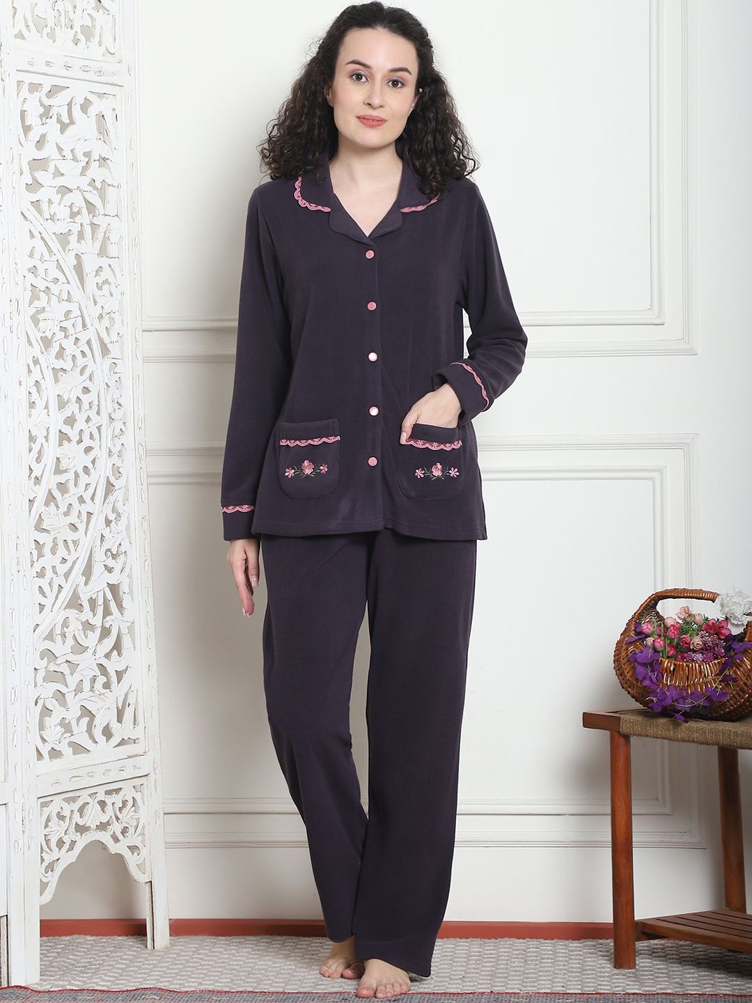 

Kanvin Women Printed Shirt Collar Long Sleeves Night suit, Purple