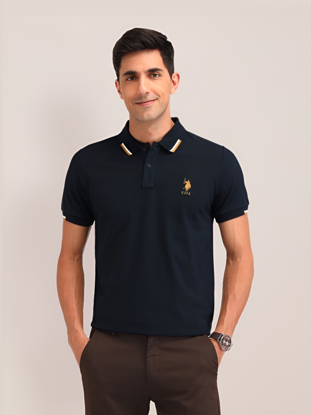 

U.S. Polo Assn. Men Solid Polo Collar Cotton Slim Fit T-shirt, Blue