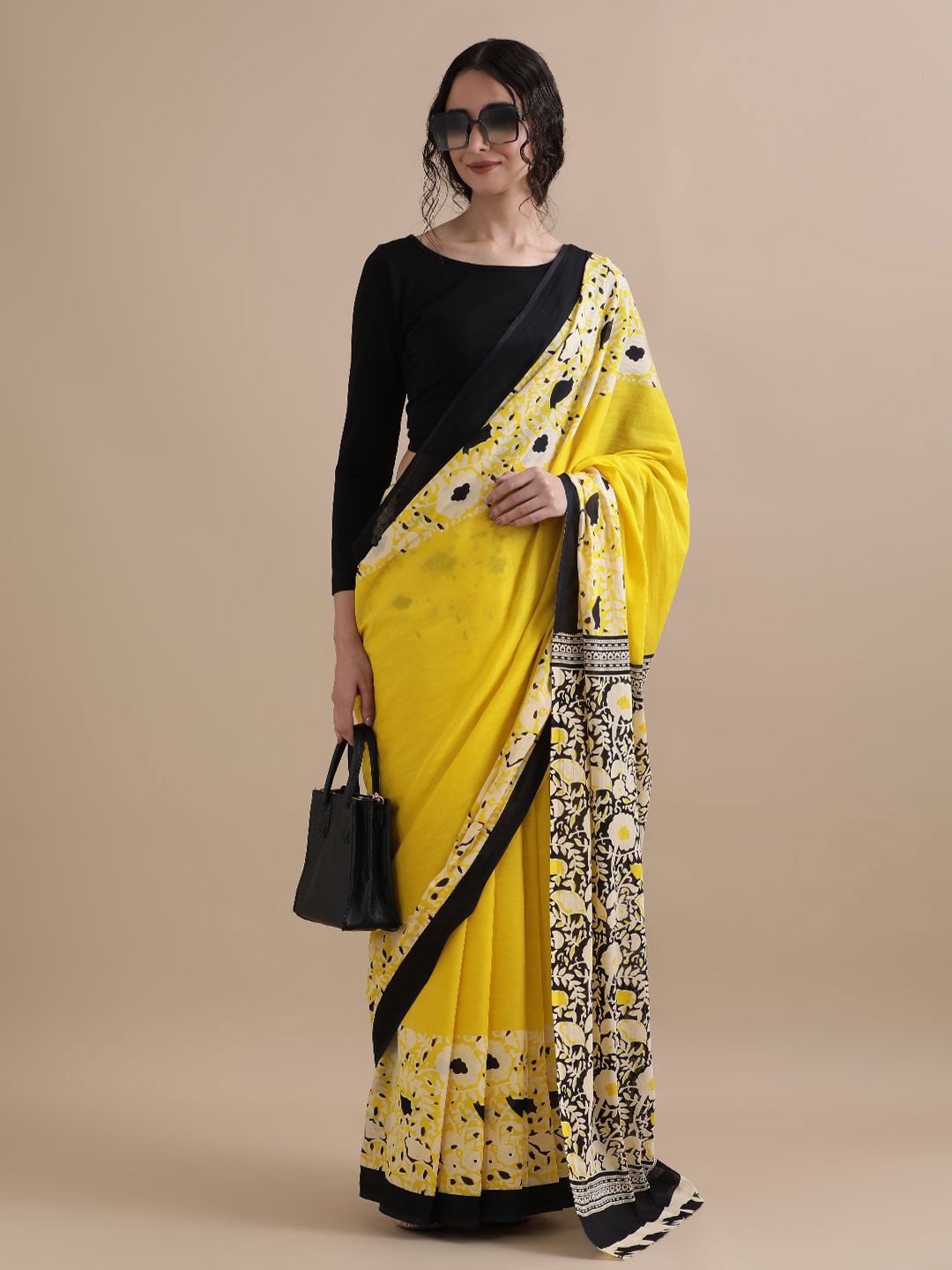 

Jaipur Kurti Floral Printed Pure Cotton Saree, Yellow