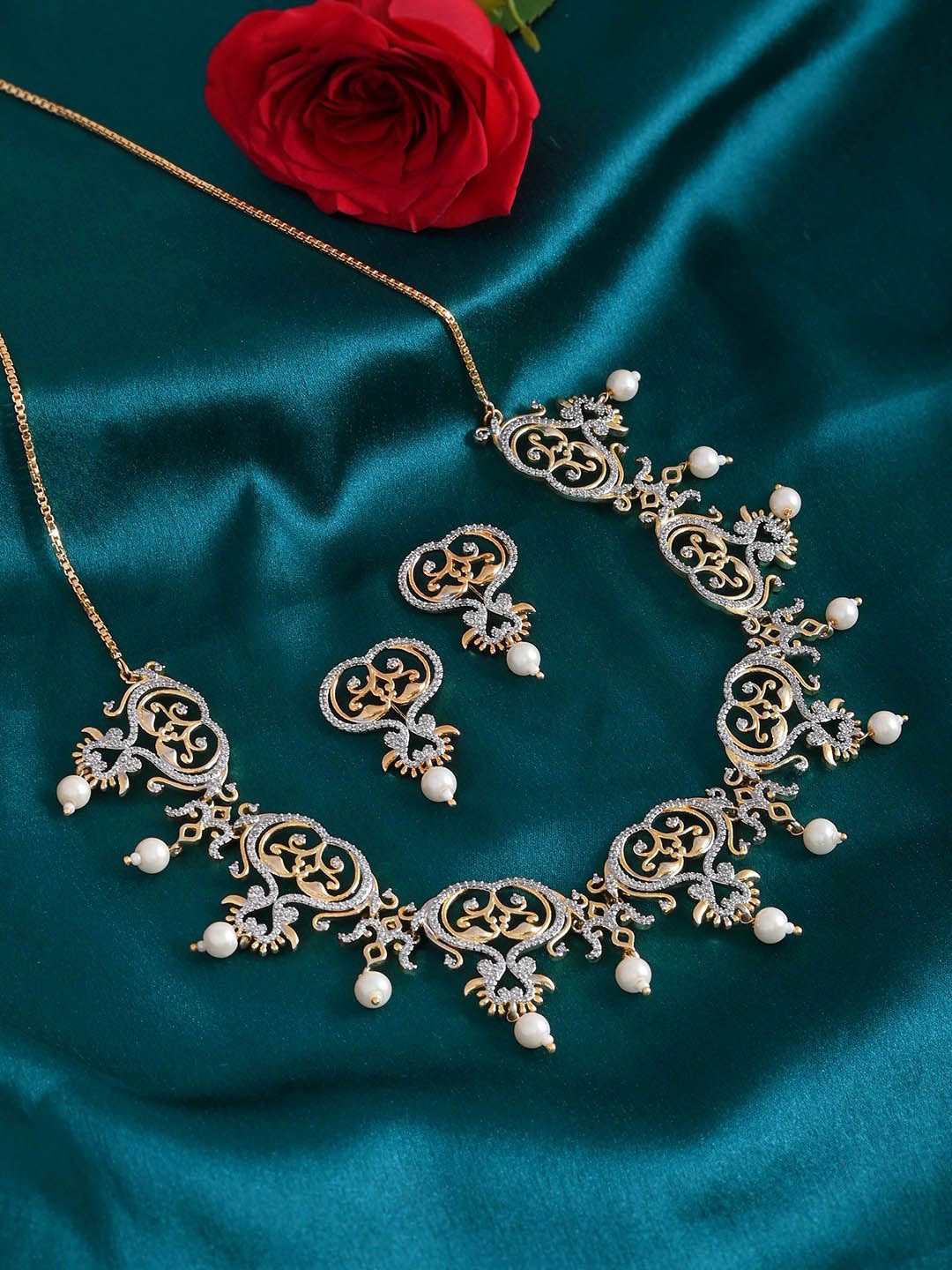 

Voylla Gold-Plated American Diamond Studded & Beaded Jewellery Set