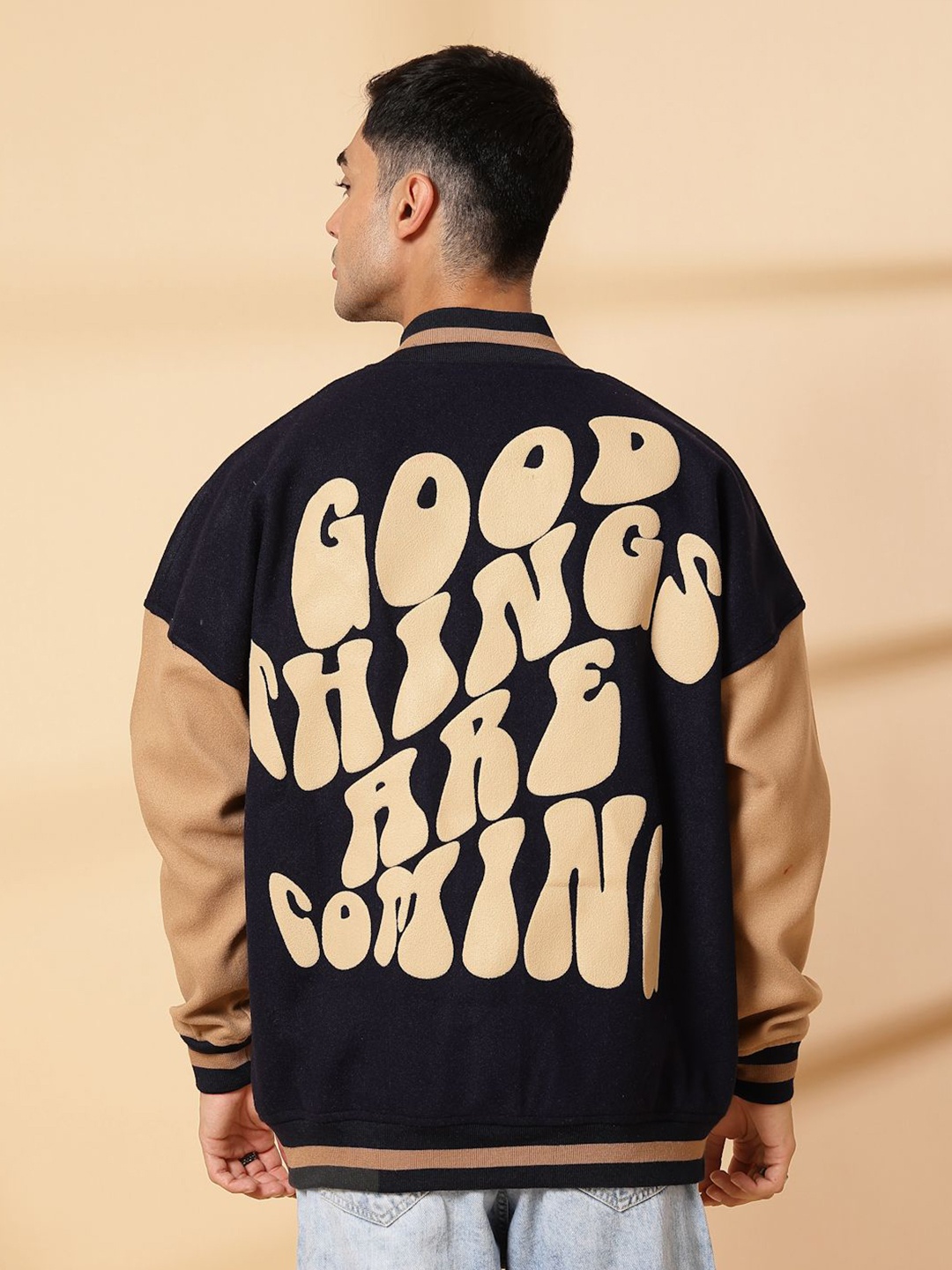 

CHKOKKO Men Stand Collar Typography Printed Fleece Casual Varsity Jacket, Navy blue