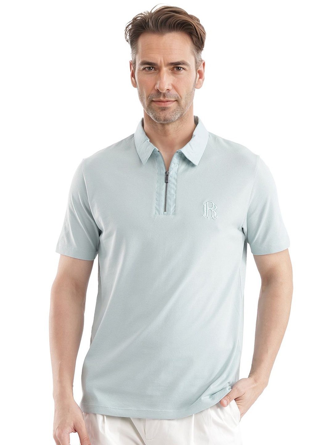 

RARE RABBIT Men Solid Polo Collar Cotton T-shirt, Sea green