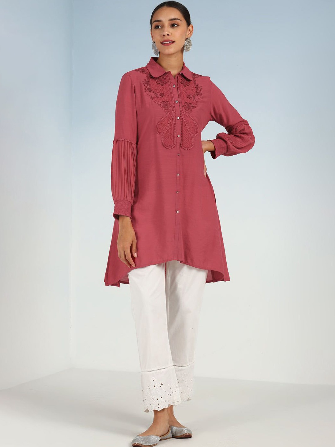 

Lakshita Floral Embroidered Shirt Collar A-Line Kurta, Pink