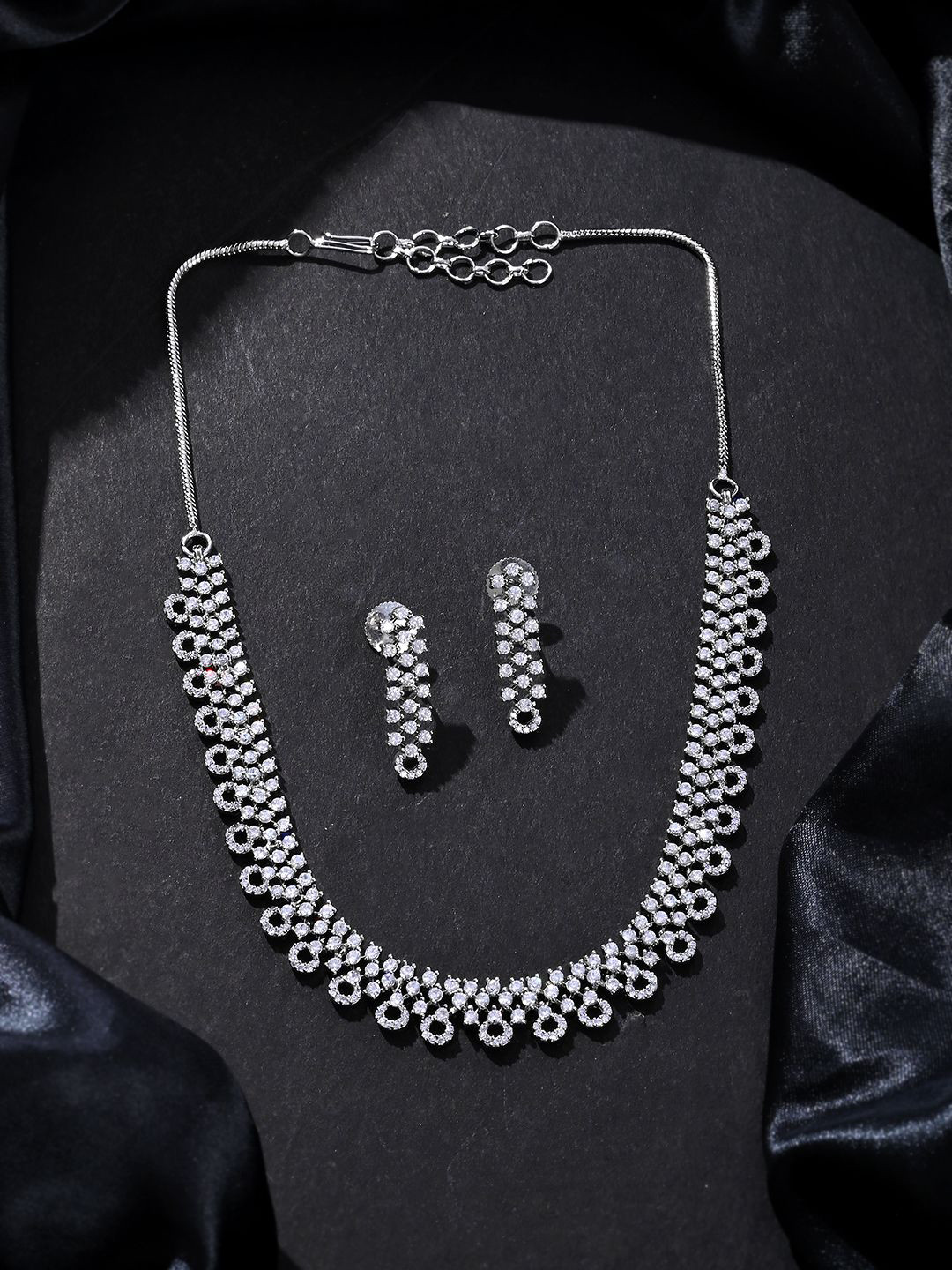 

Voylla Rhodium-Plated Shimmering American Diamond Stone Studded Jewellery Set, Silver