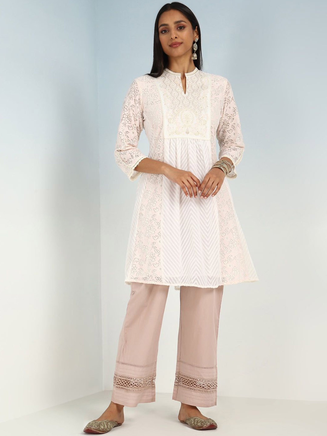 

Lakshita Geometric Embroidered Thread Work Cotton A-Line Kurta, White