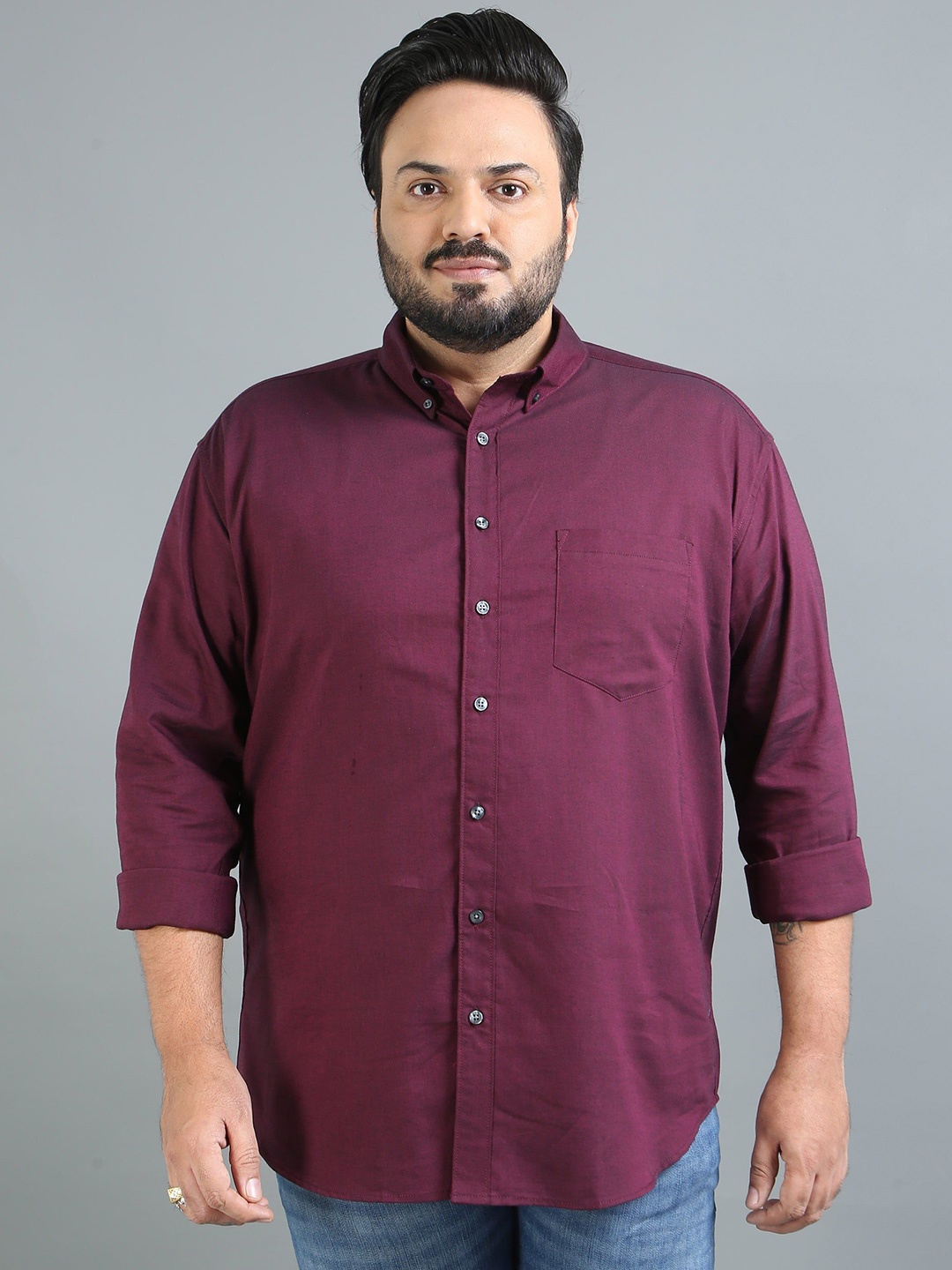 

HOUSE OF MAHNOTS Men Comfort Button-Down Collar Solid Cotton Casual Shirt, Maroon