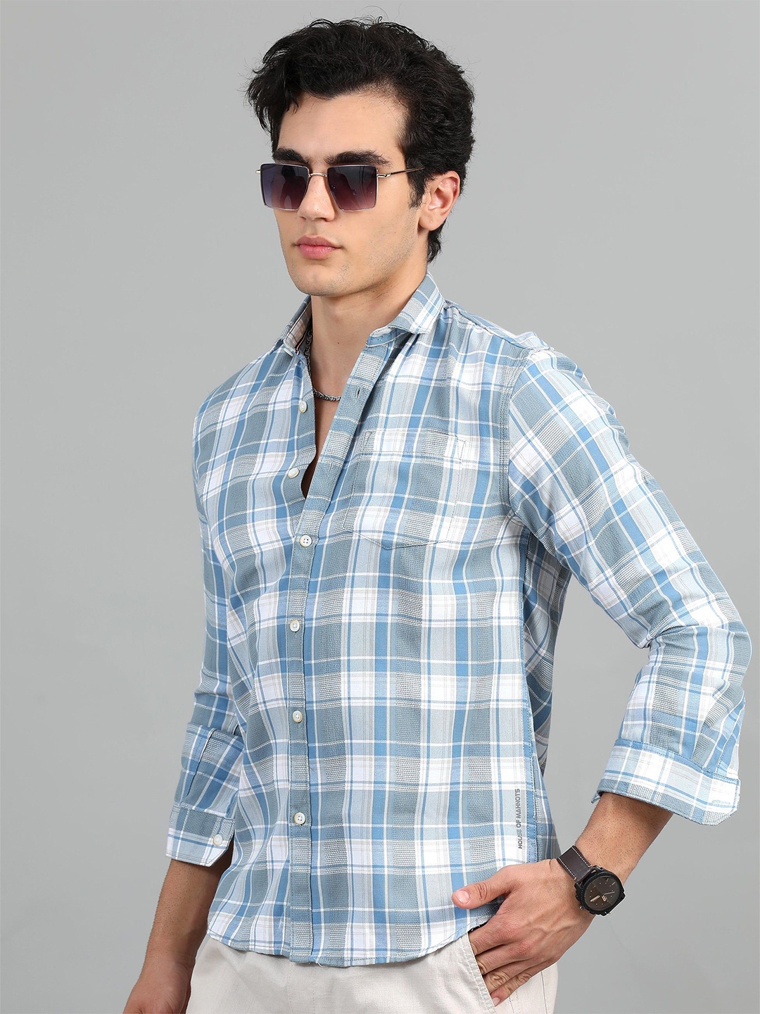 

HOUSE OF MAHNOTS Men Classic Spread Collar Tartan Checked Cotton Casual Shirt, Blue