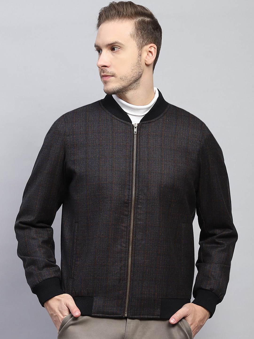 

Monte Carlo Men Checked Bomber Coat, Black