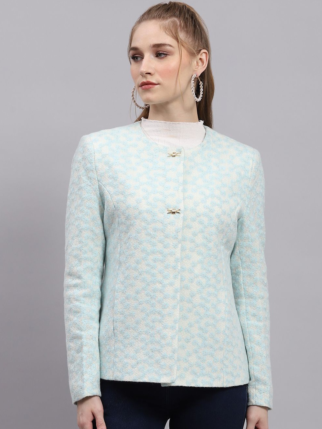 

Monte Carlo Women Embroidered Round Neck Long Sleeve Woolen Overcoat, Blue