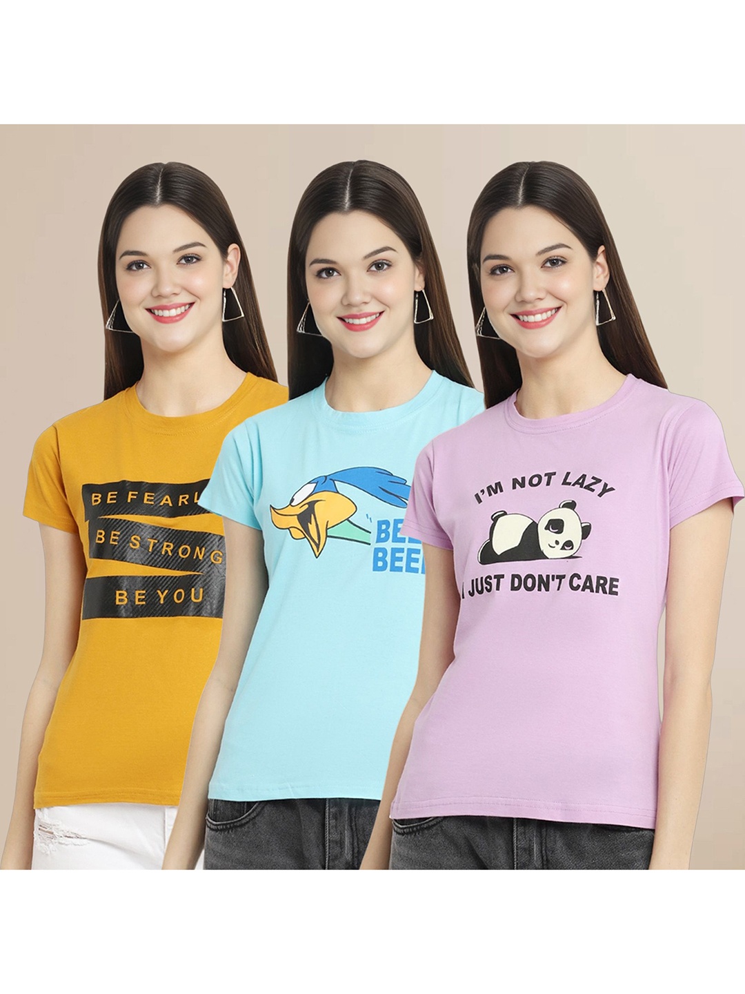 

Metronaut Women Pack Of 3 Graphic Printed Round Neck Cotton Looney Tunes T-shirts, Mustard