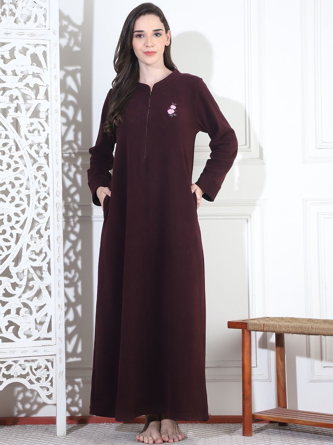 

Kanvin Women Mandarin Collar Maxi Nightdress, Brown