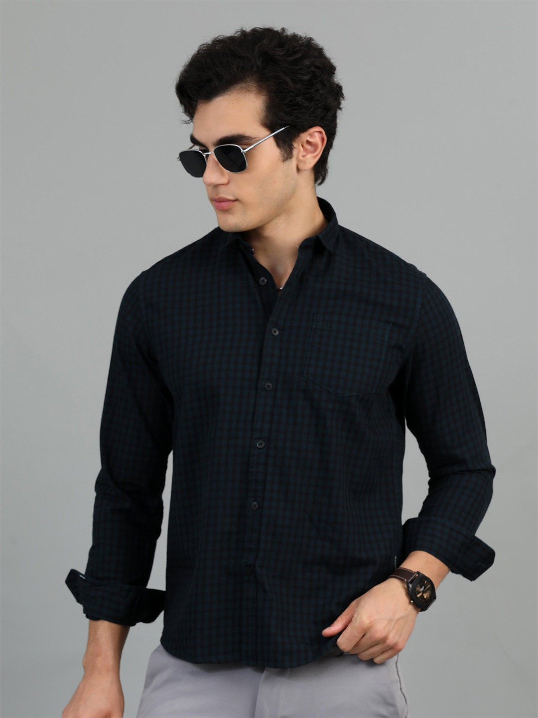 

HOUSE OF MAHNOTS Men Classic Spread Collar Micro Checked Cotton Casual Shirt, Blue