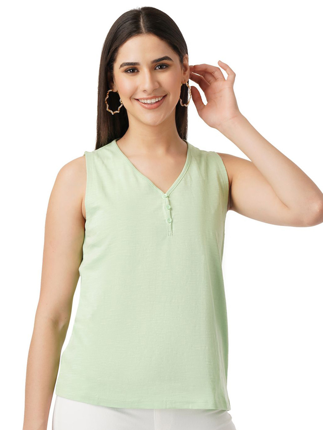 

FYLTR Women Cotton V-Neck Sleeveless Top, Green