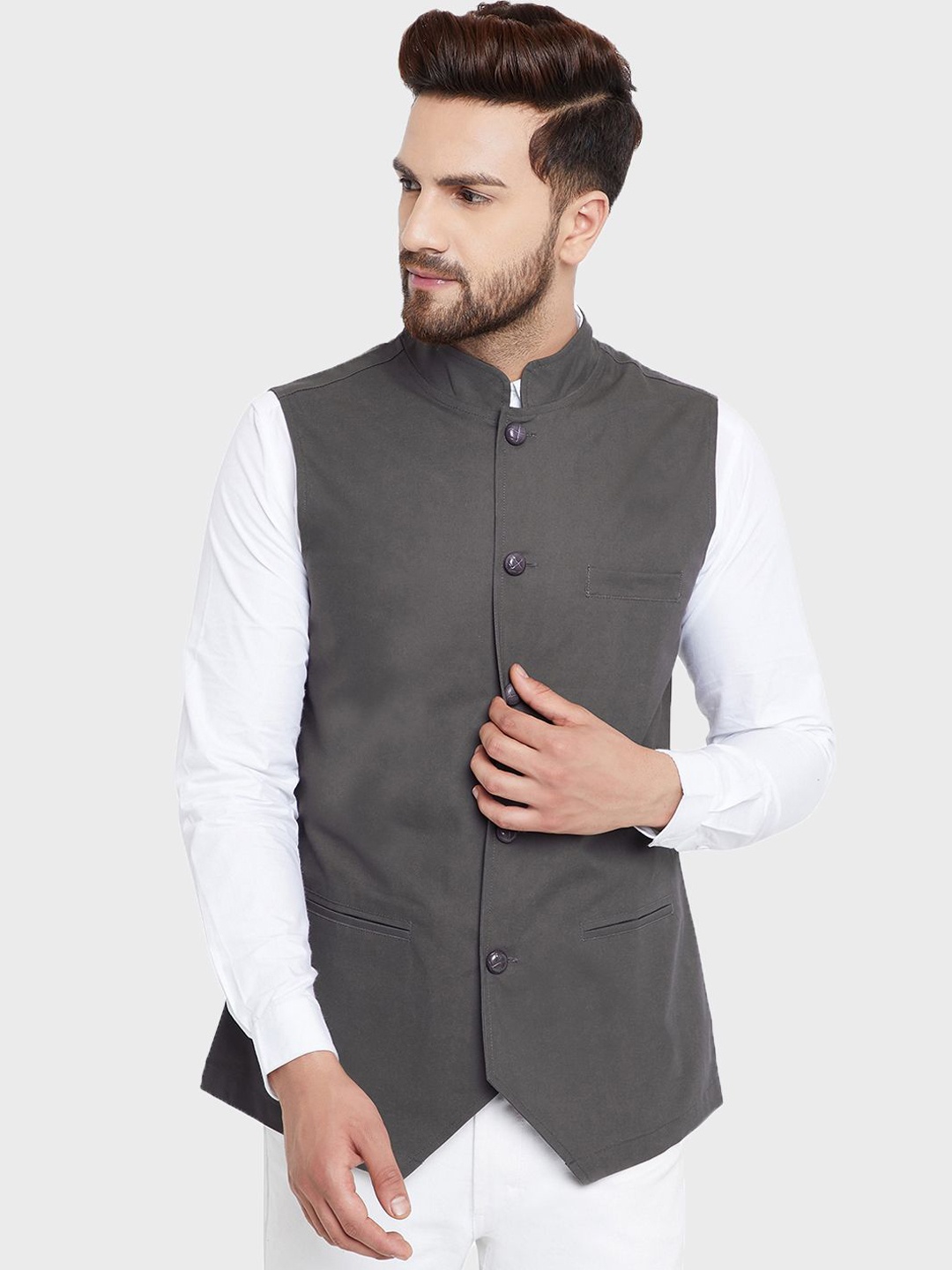 

Hypernation Pure Cotton Woven Nehru Jackets, Grey