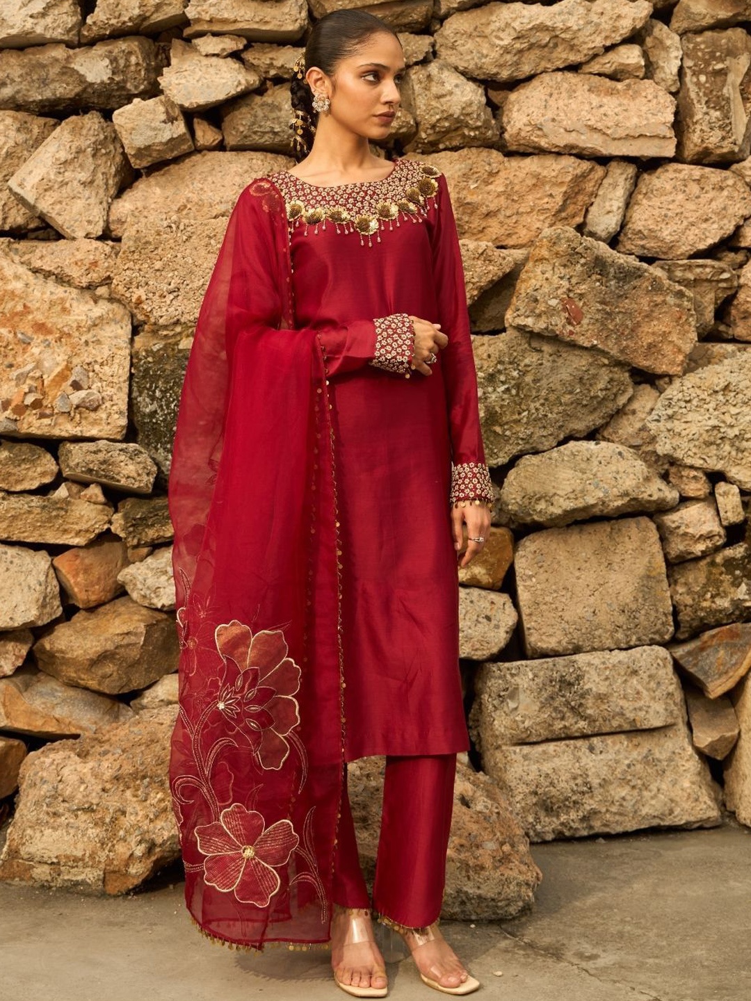 

Shreeka Women Embroidered Kurta With Trousers & Dupatta, Red