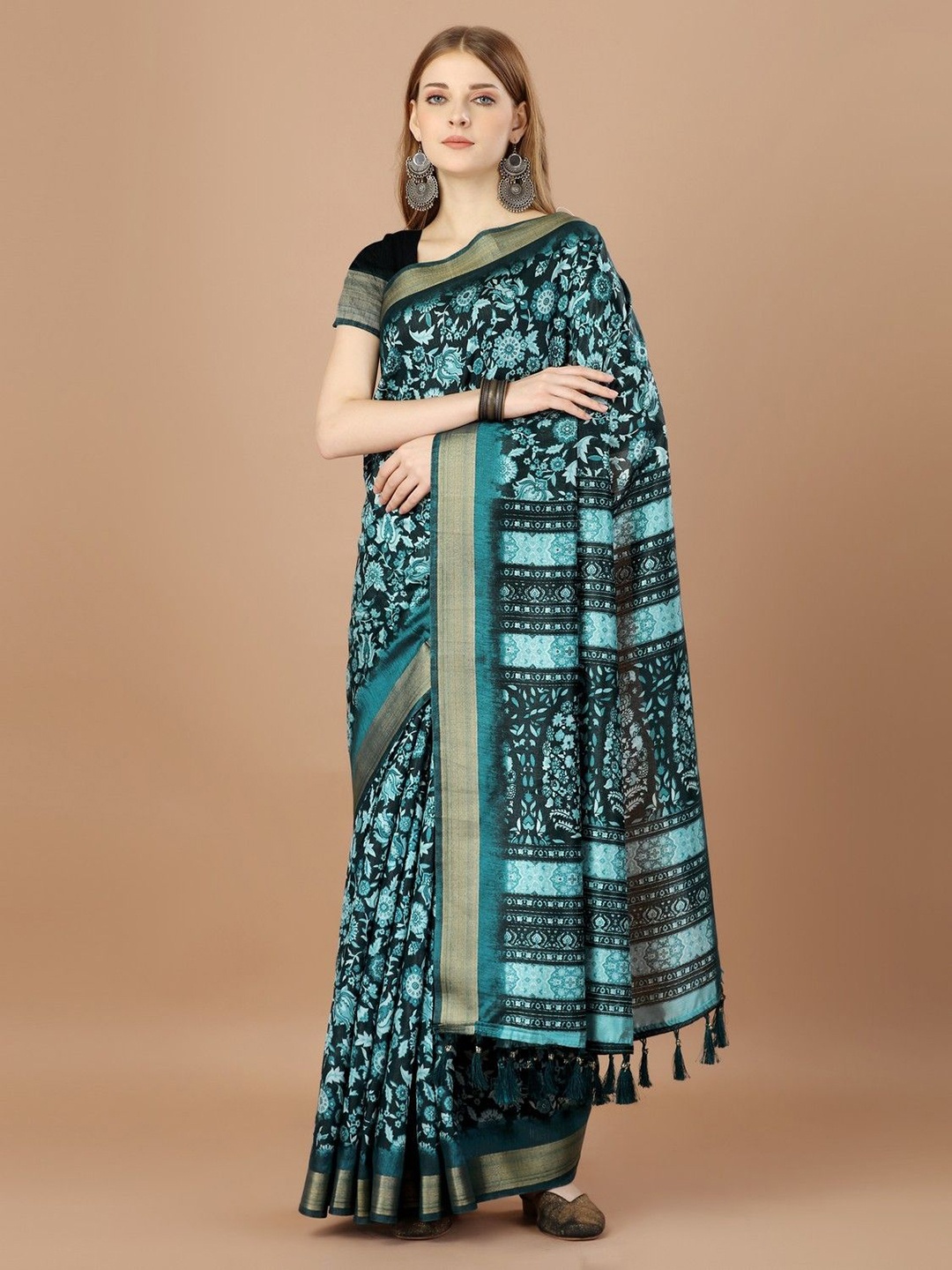 

DIVASTRI Ajrak Block Zari Pure Silk Designer Saree, Teal
