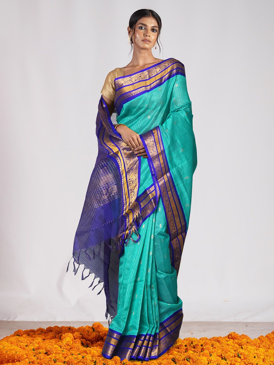 

Unnati Silks Woven Design Silk Cotton Handloom Kanjeevaram Saree, Turquoise blue