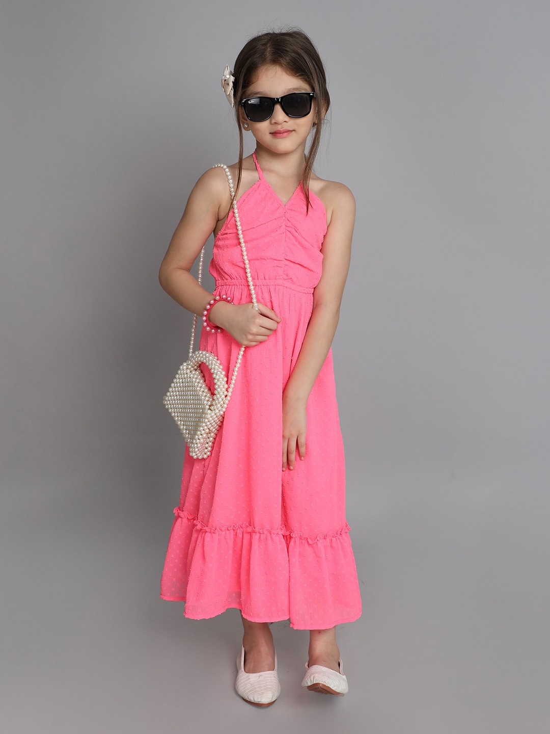 

taffykids Girls Halter Neck A-Line Maxi Dress, Pink