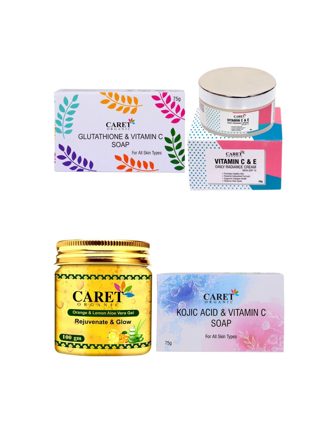 

CARET ORGANIC Set of 4 Glutathione Soap, Lemon Gel, Kojic Acid Soap & Daily Radiance Cream, White