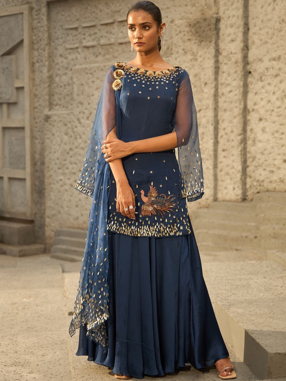 

Shreeka Women Ethnic Motifs Embroidered Kurta With Sharara & Dupatta, Blue