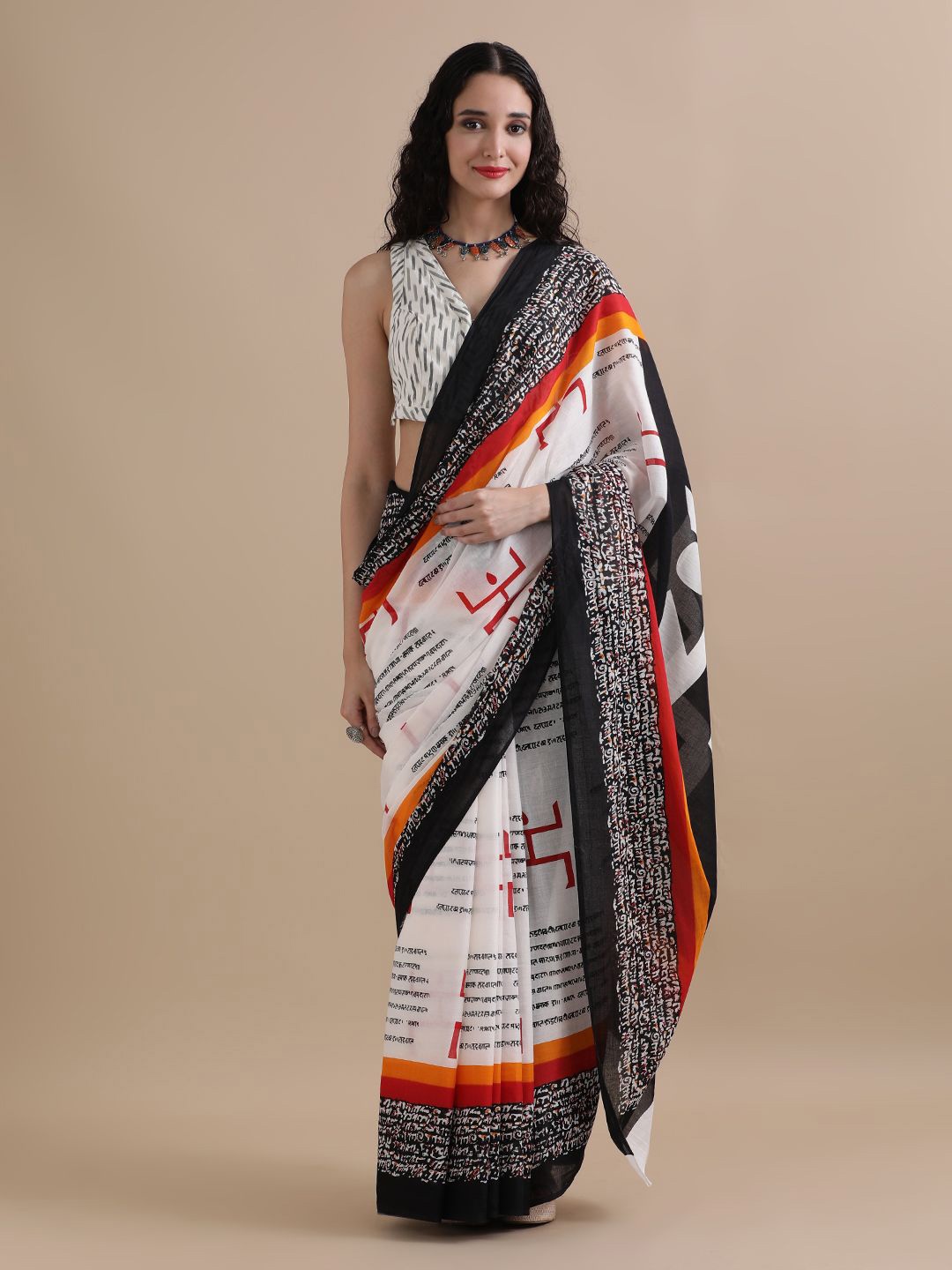 

Jaipur Kurti Mulmul Cotton Abstract Printed Saree, White