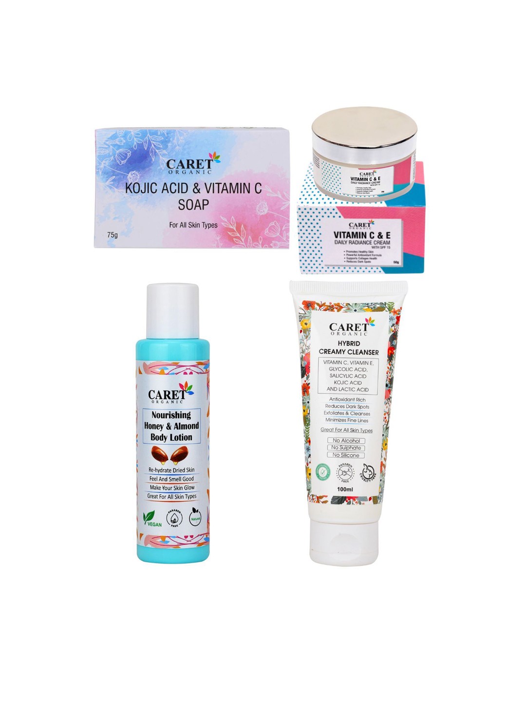 

CARET ORGANIC Set of 4 Kojic Acid Soap, Radiance Cream, Body Lotion & Hybrid Face Wash, White