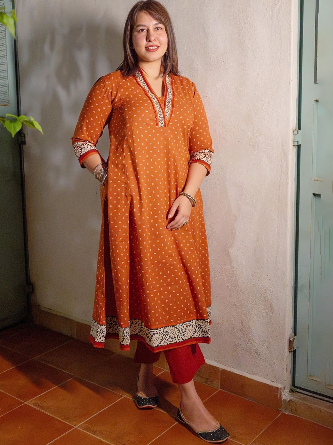 

Anni Designer Geometric Printed Regular Anarkali Kurta with Trousers, Orange