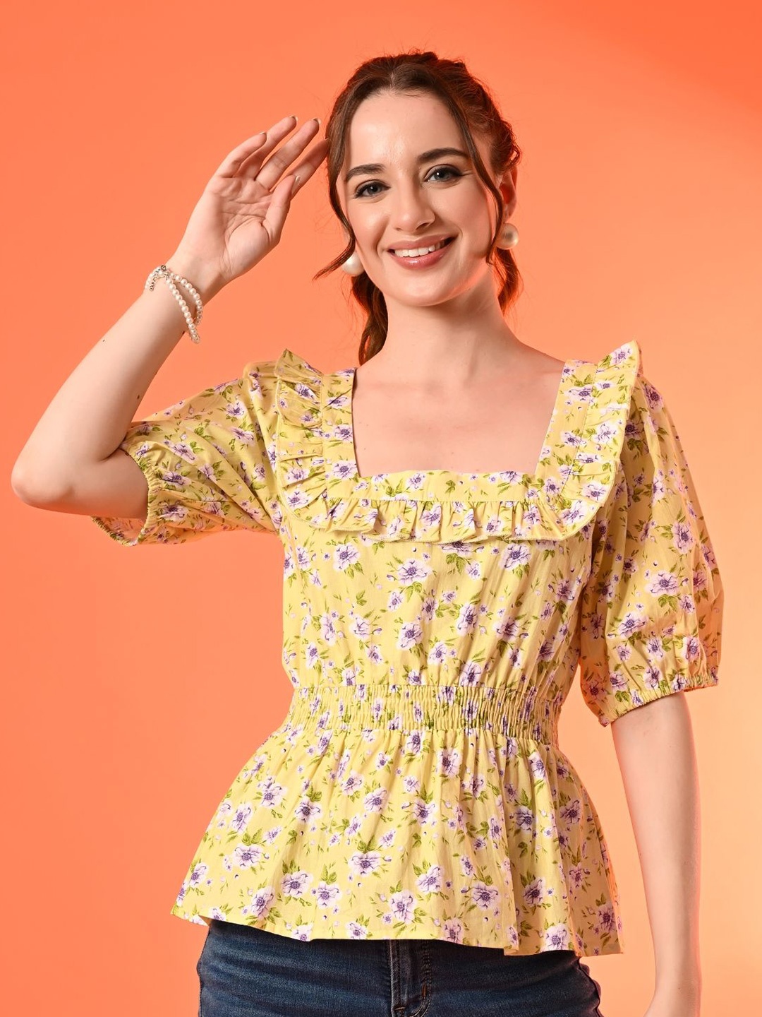 

Fuchsia Womens Cotton Ditsy Floral Ruffle Neckline Popline Top, Yellow