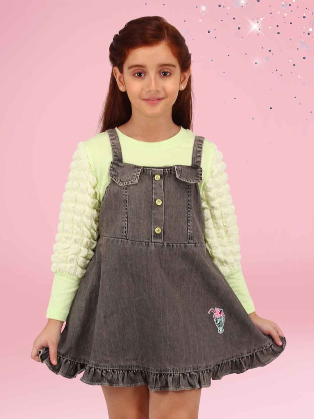 

CUTECUMBER Girls Applique Denim Pinafore Dress, Grey