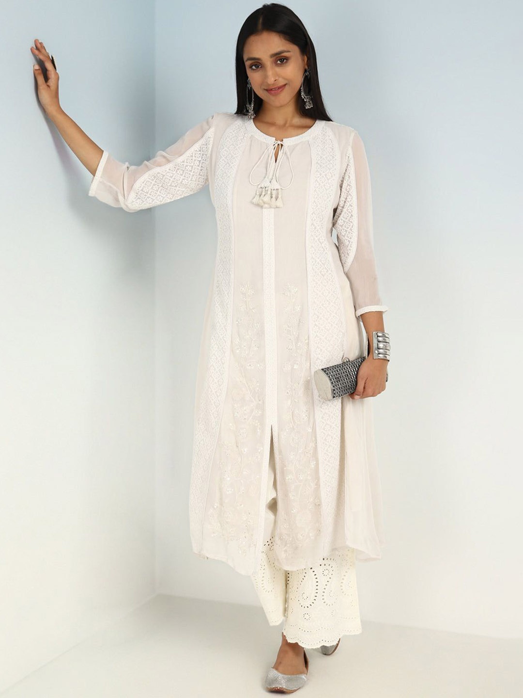 

Lakshita Floral Embroidered Tie-Up Neck Thread Work Georgette A-Line Kurta, Off white