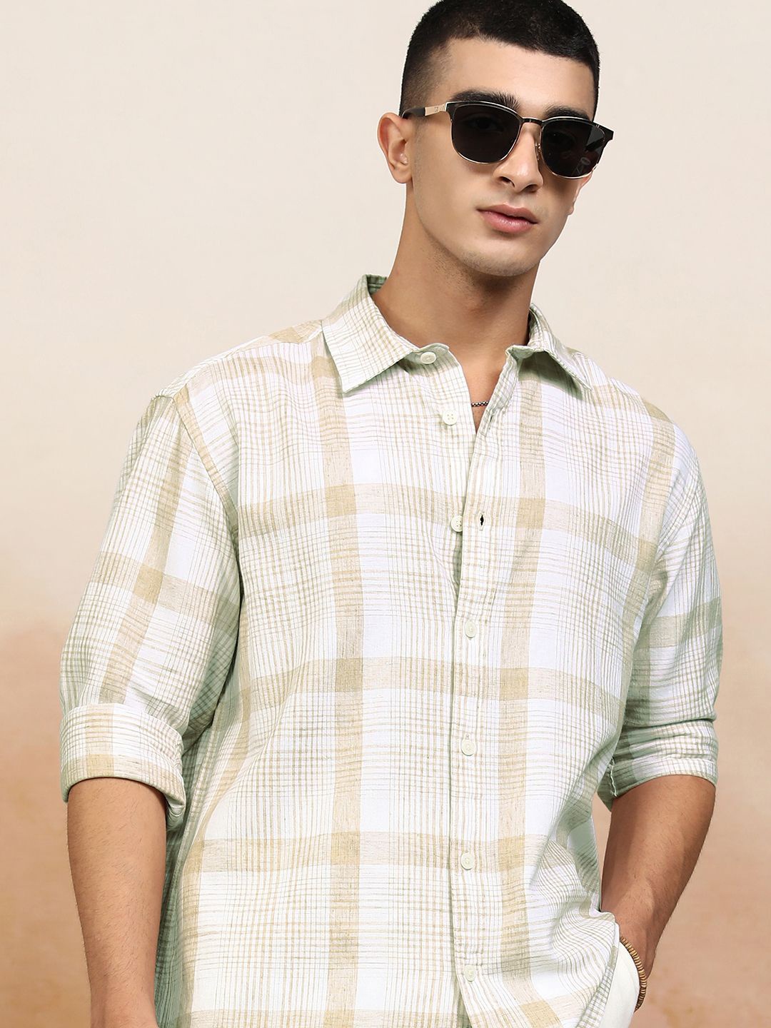 

HIGHLANDER Men Natrual Yarn Checked Oversized Casual Shirt, Beige