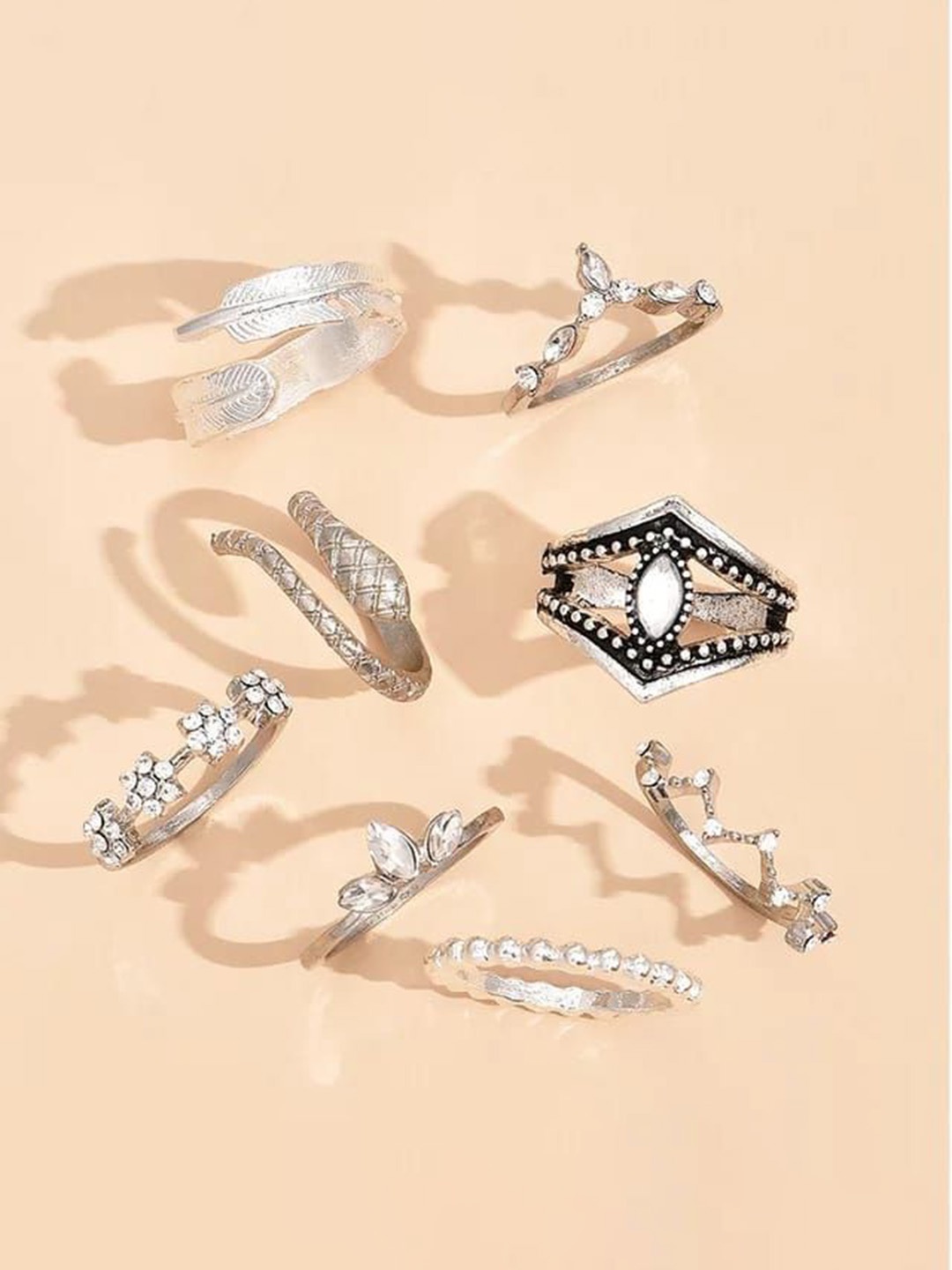 

YU FASHIONS Set Of 8 Silver-Plated Stone-Studded Adjustable Finger Rings