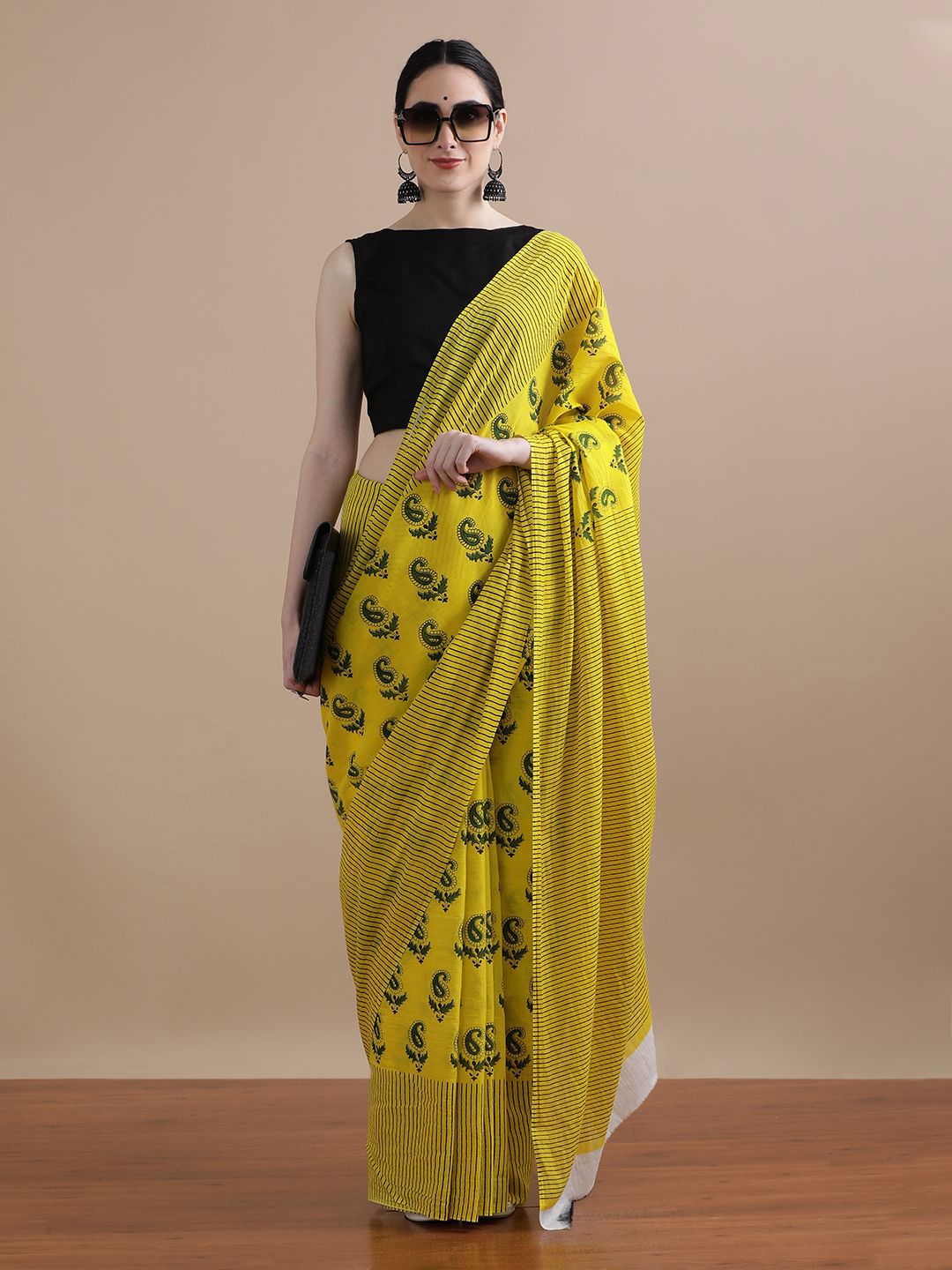 

Jaipur Kurti Ethnic Motifs Printed Pure Cotton Saree, Yellow
