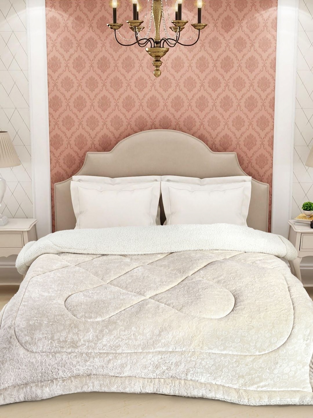 

FABINALIV Off White Floral 950 GSM Woollen Heavy Winter Double Bed Quilt