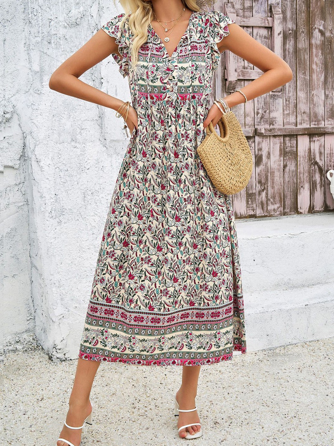 

StyleCast Floral Printed V-Neck Flutter Sleeve A-Line Midi Dress, Cream