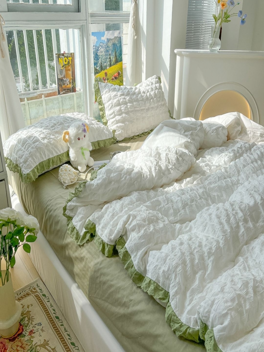 

JC HOME Green & White Solid 4 Piece Single Regular Bedding Set
