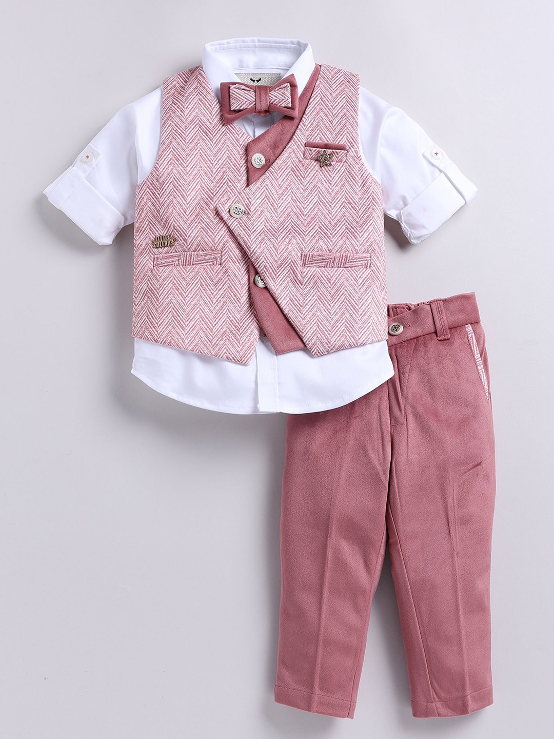 

LITTLE COLLARS Boys Printed Shirt with Trousers & Waistcoat, Pink