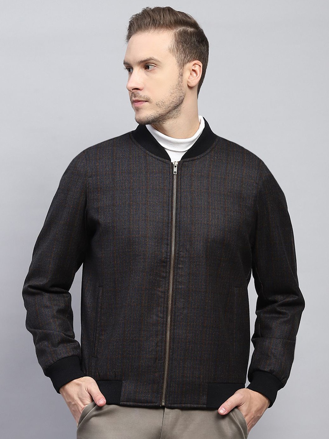 

Monte Carlo Men Checked Long Sleeves Zipped Open Front Winter Jacket, Black