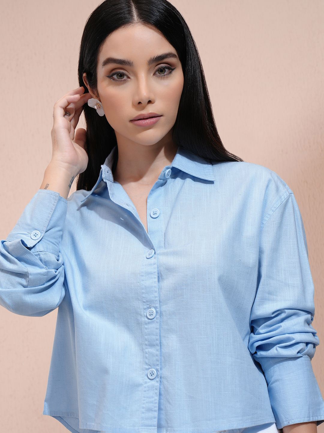 

Tokyo Talkies Women Button Down Drop Shoulder Cotton Shirt, Blue