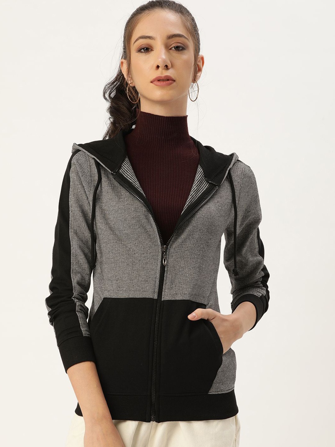 

ARISE Women Colourblocked Hooded Sweatshirt, Grey