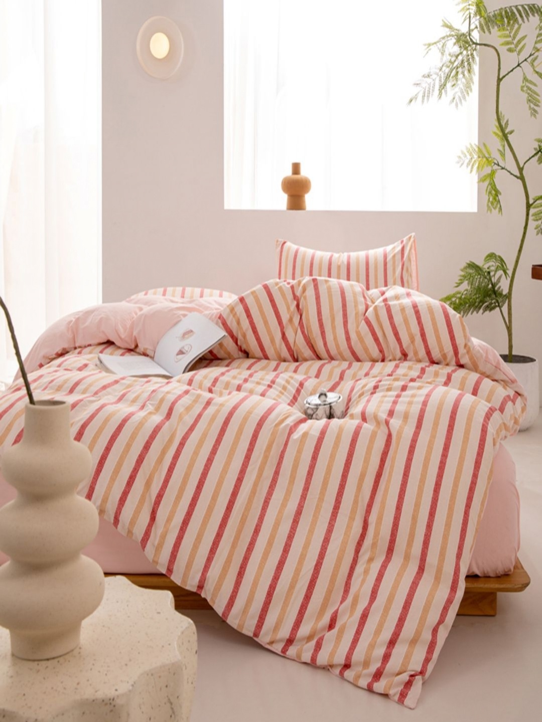 

JC HOME Pink & Brown Striped Polycotton 3 Piece Double King Regular Bedding Set