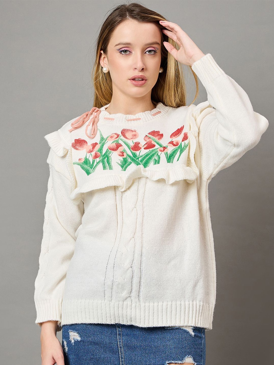 

KASMA Women Floral Self Design Woollen Pullover Sweater, White