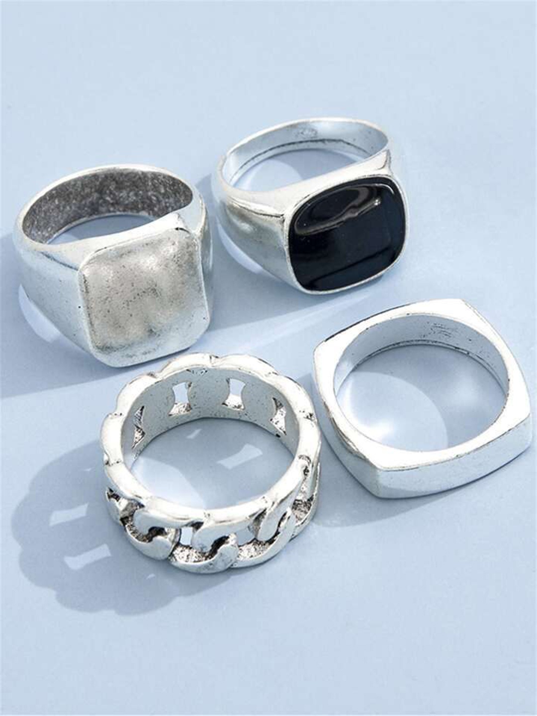 

YU FASHIONS Set Of 4 Stainless Steel Silver-Plated Finger Rings