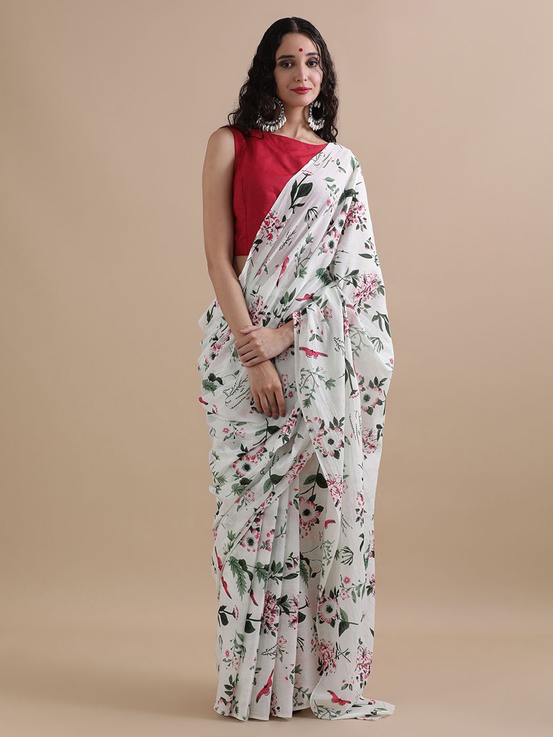 

Jaipur Kurti Floral Pure Cotton Saree, White