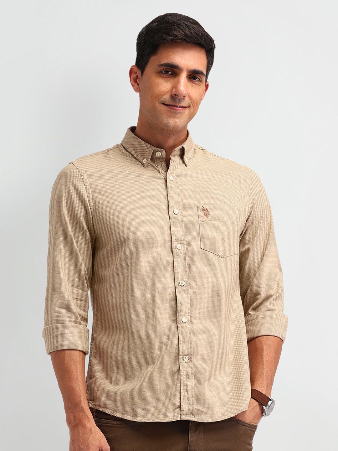 

U.S. Polo Assn. Denim Co. Men Manhattan Solid Cotton Slim Fit Casual Shirt, Beige