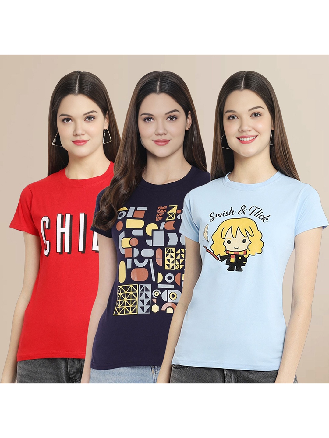 

Metronaut Women Pack Of 3 Typography Printed Round Neck Cotton T-shirts, Red